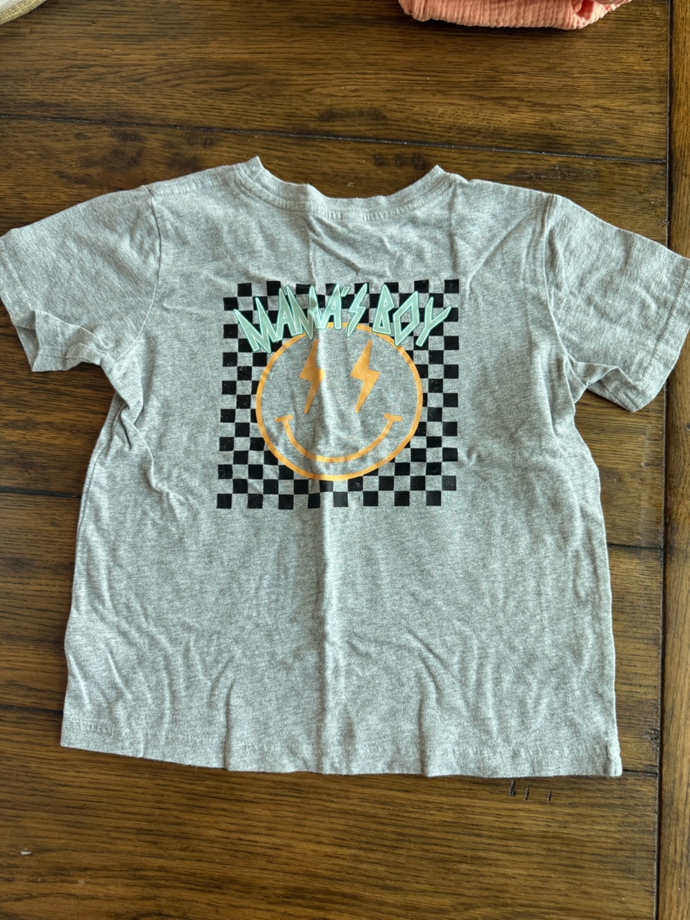 “Mama’s Boy” Gray Graphic Tee with Checkerboard Lightning Smile